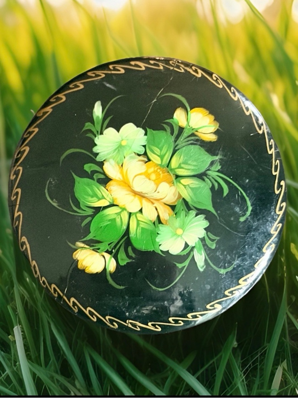 Vtg Russian Lacquer Brooch Hand Painted Floral Artist Signed Black Gold 2"